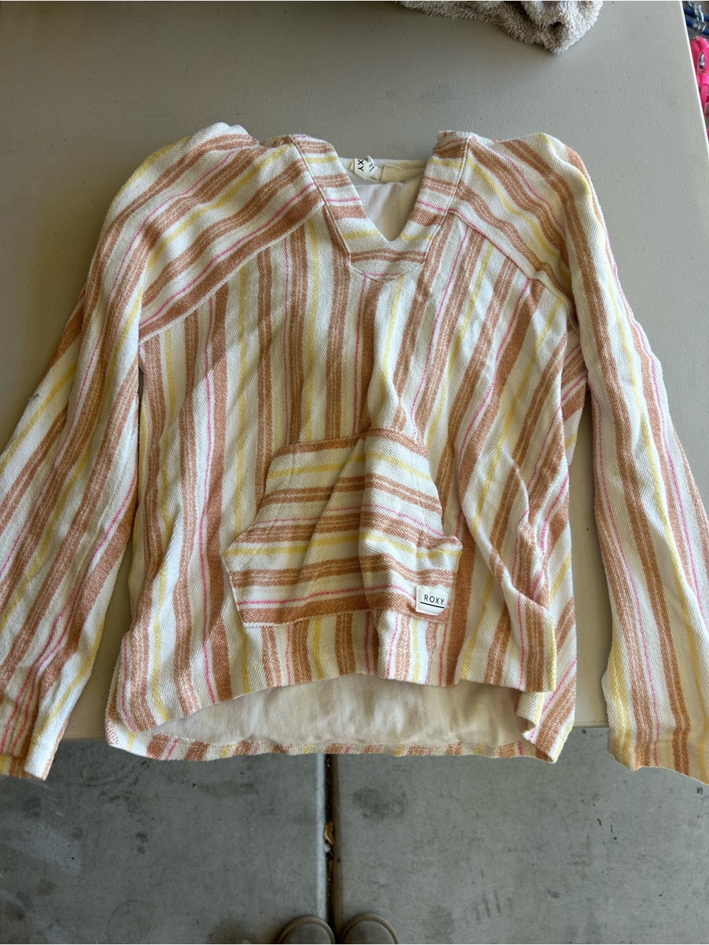 Roxy Striped V-Neck Pullover Hoodie in Pink, Yellow & Cream